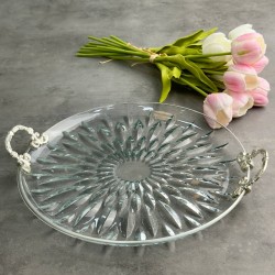 EFEGİL ÇIRAĞAN GÜMÜŞ CAM KULPLU KEK SERVİS TEPSİ SUNUMLUK 30*30*5CM